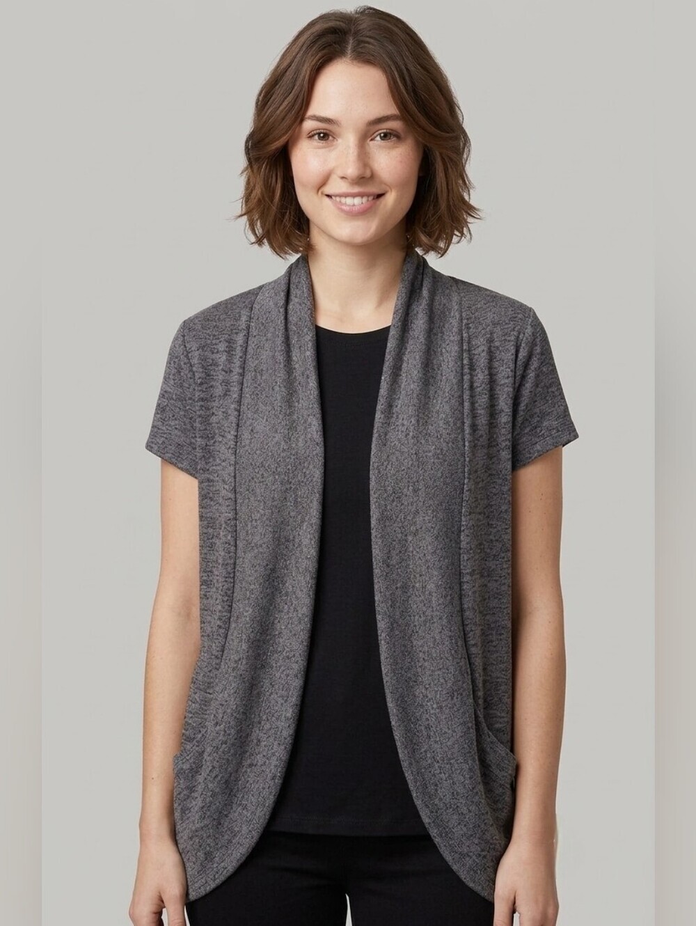 New Woman Design Short Sleeve Open Front Cardigan L Grey Casual Layering Draped